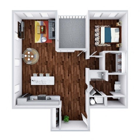 A small apartment with a kitchen, living room, and bedroom.